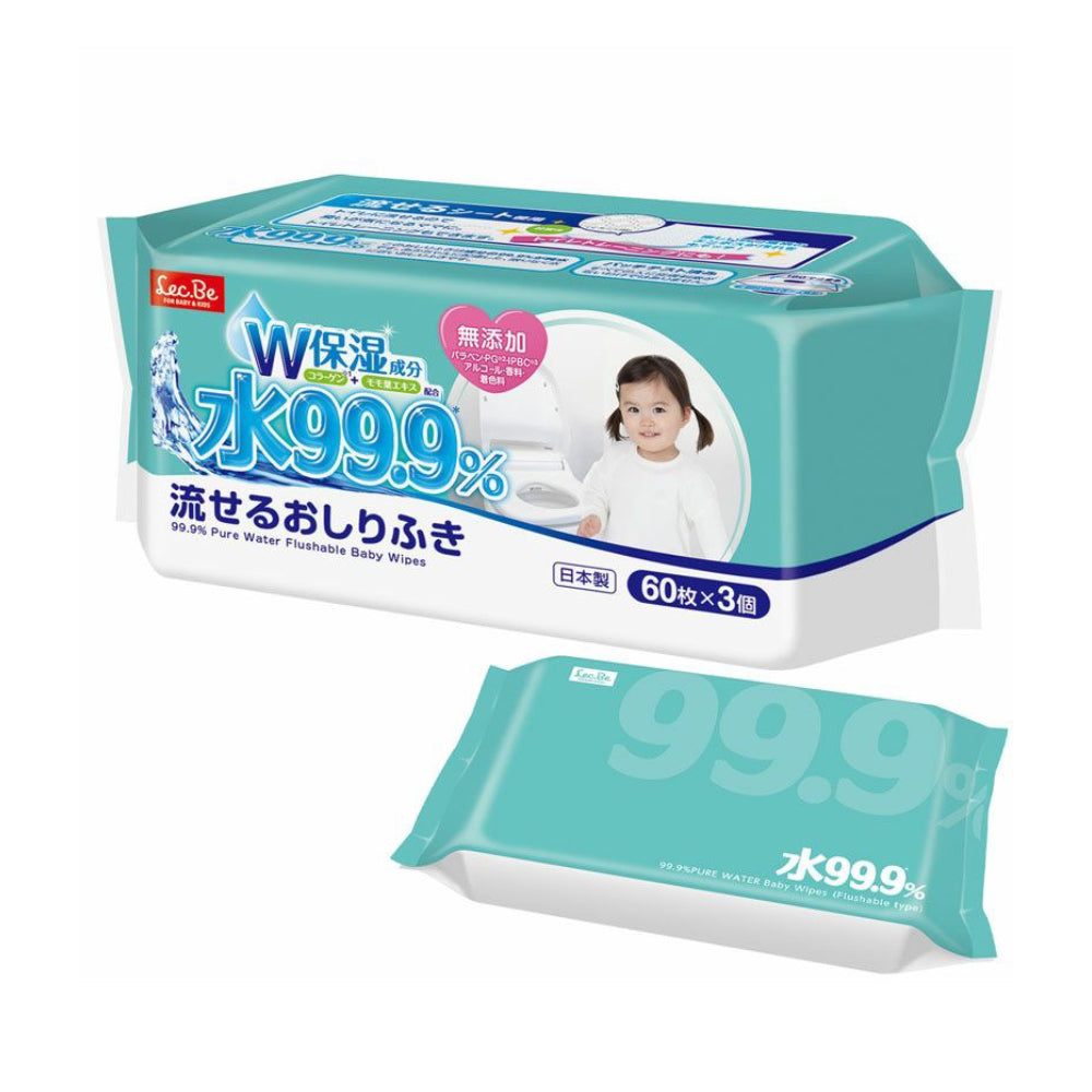 LEC 99.9% Pure Water Baby Wipes (Flushable) 60x3 pack