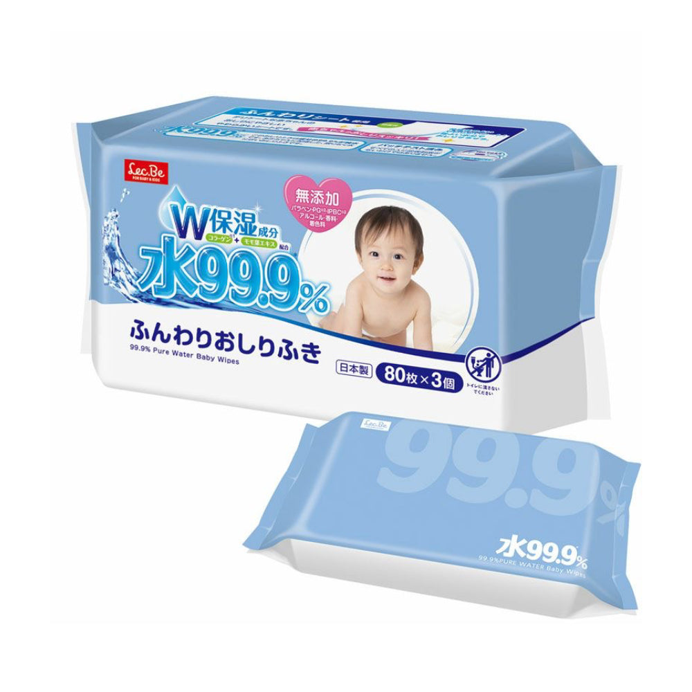 LEC 99.9% Pure Water Baby Wipes 80x3 pack