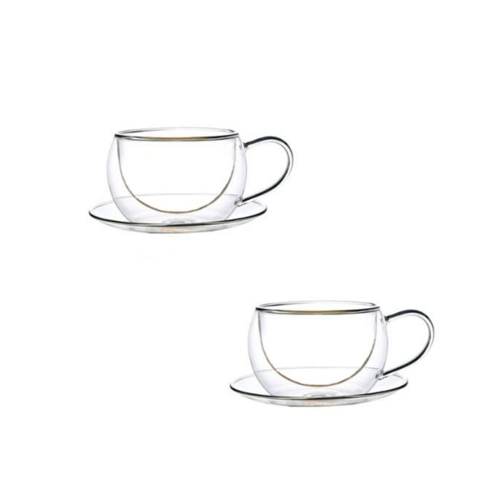 Aramoro Borosilicate Glass Double Wall Cup With Handle And Saucer