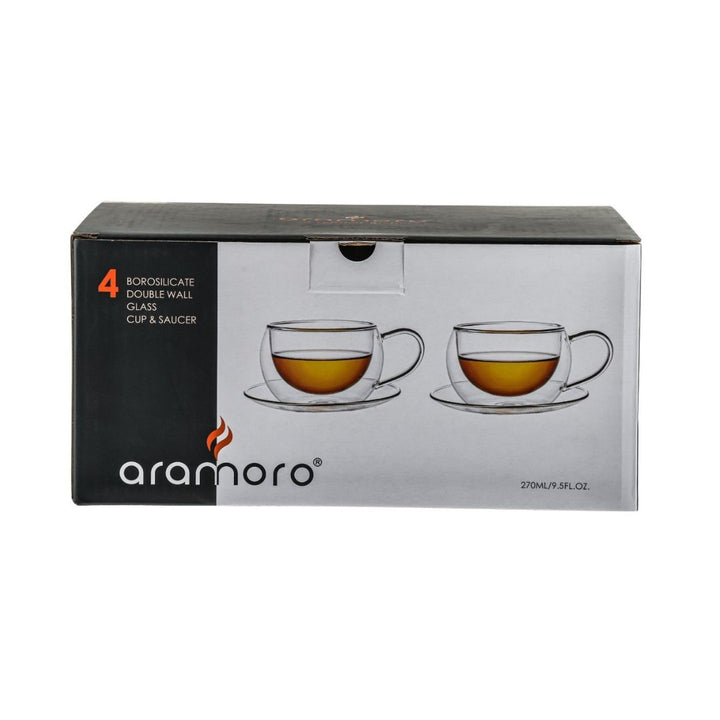 Aramoro Borosilicate Glass Double Wall Cup With Handle And Saucer