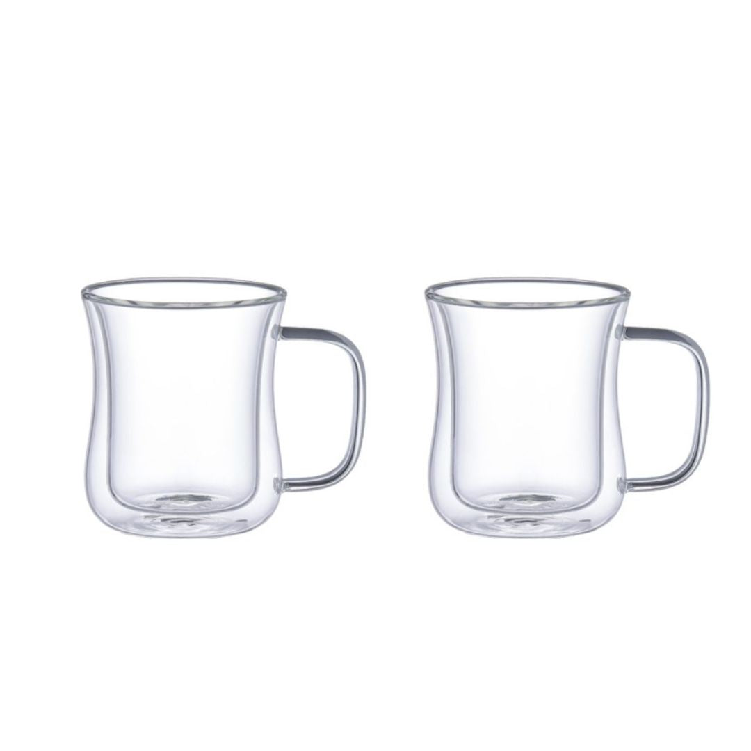 Aramoro Borosilicate Glass Double Wall Cup With Handle 2Pcs/Set