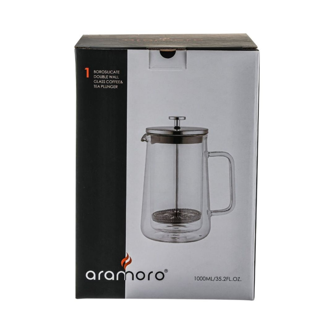 Aramoro Borosilicate Double Wall Glass Coffee & Tea Plunger With Handle 1L