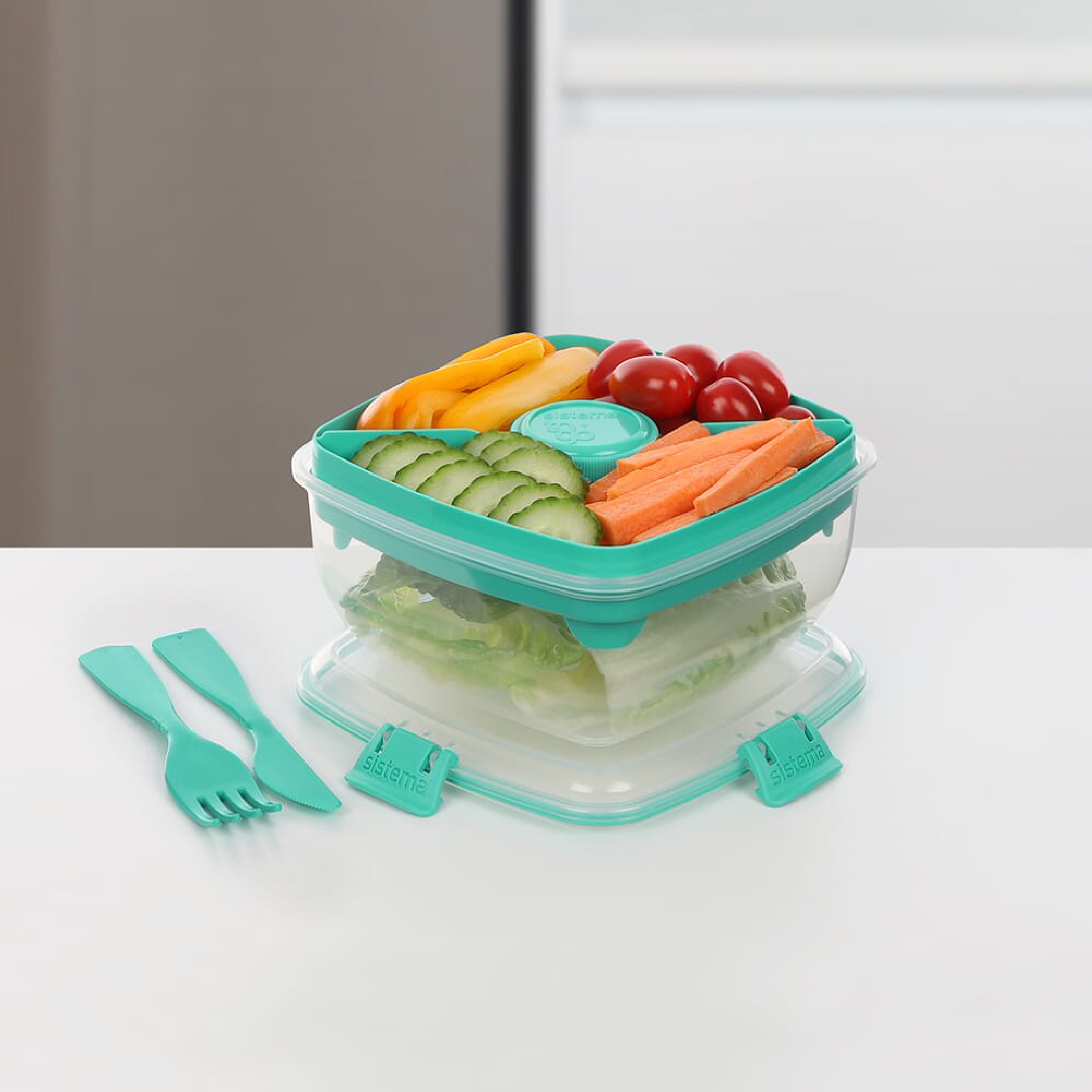 SISTEMA Salad To Go Box Dengan Bekas Pembahagi Untuk Bersolek Dan Kutleri