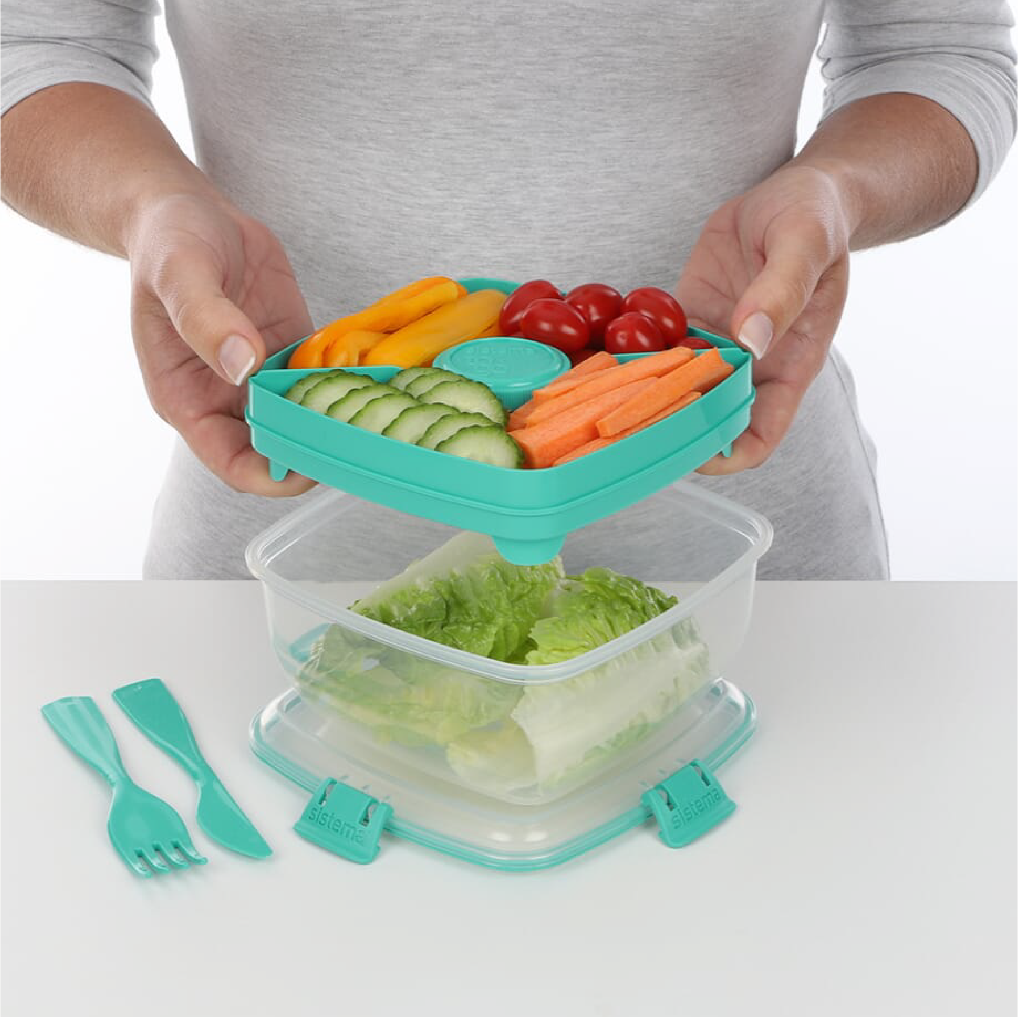 SISTEMA Salad To Go Box Dengan Bekas Pembahagi Untuk Bersolek Dan Kutleri
