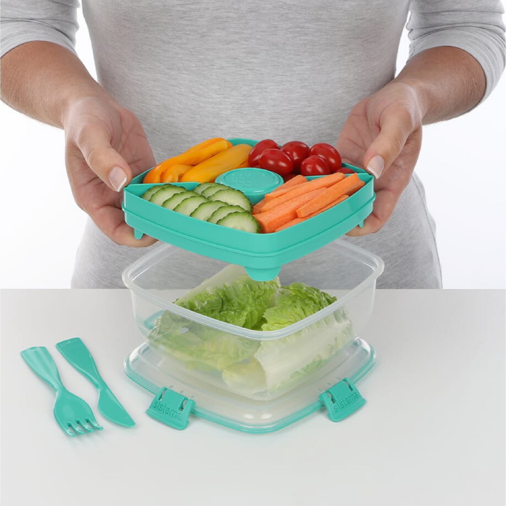 SISTEMA Salad To Go Box Dengan Bekas Pembahagi Untuk Bersolek Dan Kutleri
