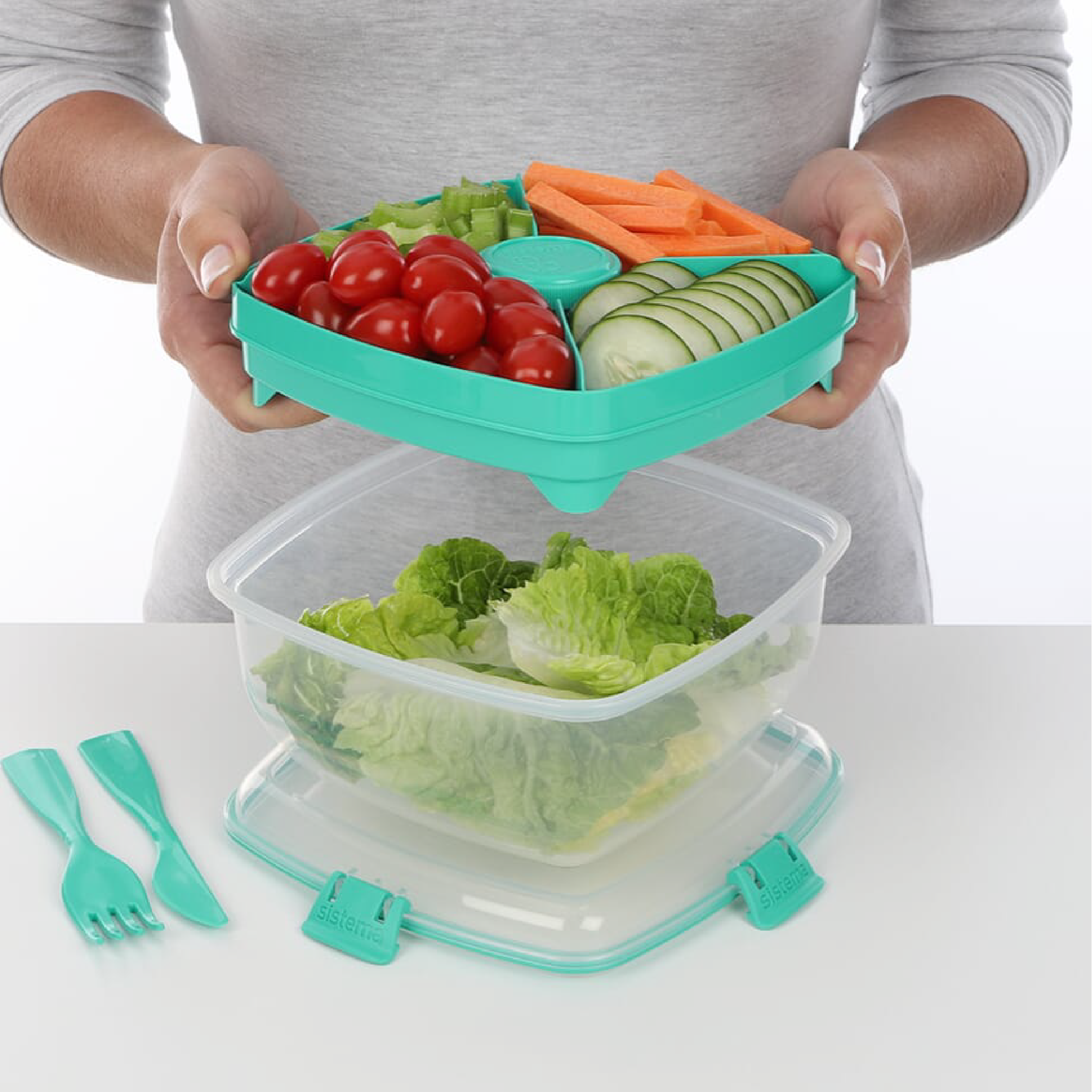 SISTEMA Salad To Go Box Dengan Bekas Pembahagi Untuk Bersolek Dan Kutleri