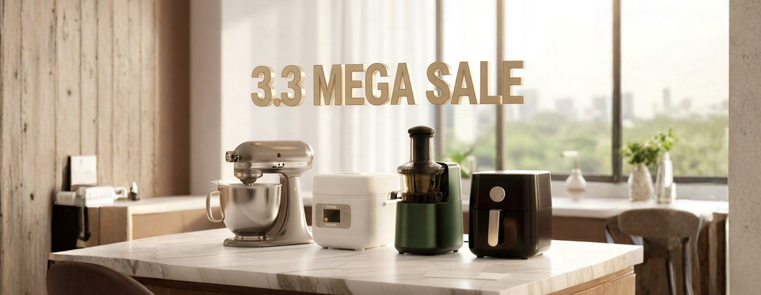 Kitchen appliances on a counter with '3.3 Mega Sale' text in a bright kitchen setting.