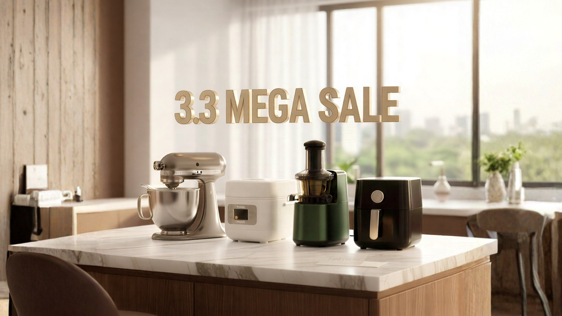Kitchen appliances on a marble countertop with '3.3 Mega Sale' text.