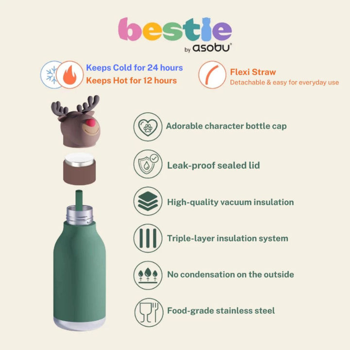 Asobu Besties Water Bottle | Stainless Steel Bottle 470ml | Santa/Snow Man/Reindeer