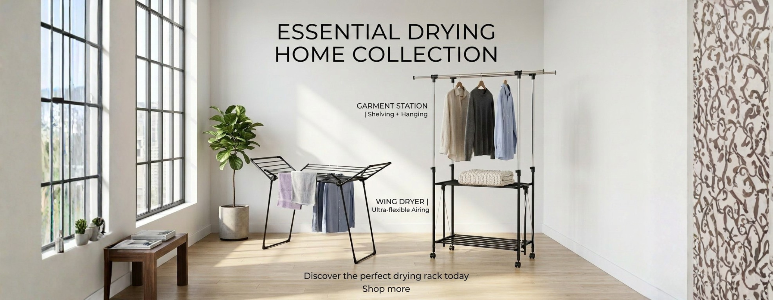 Clothing rack with clothes in a room with large windows