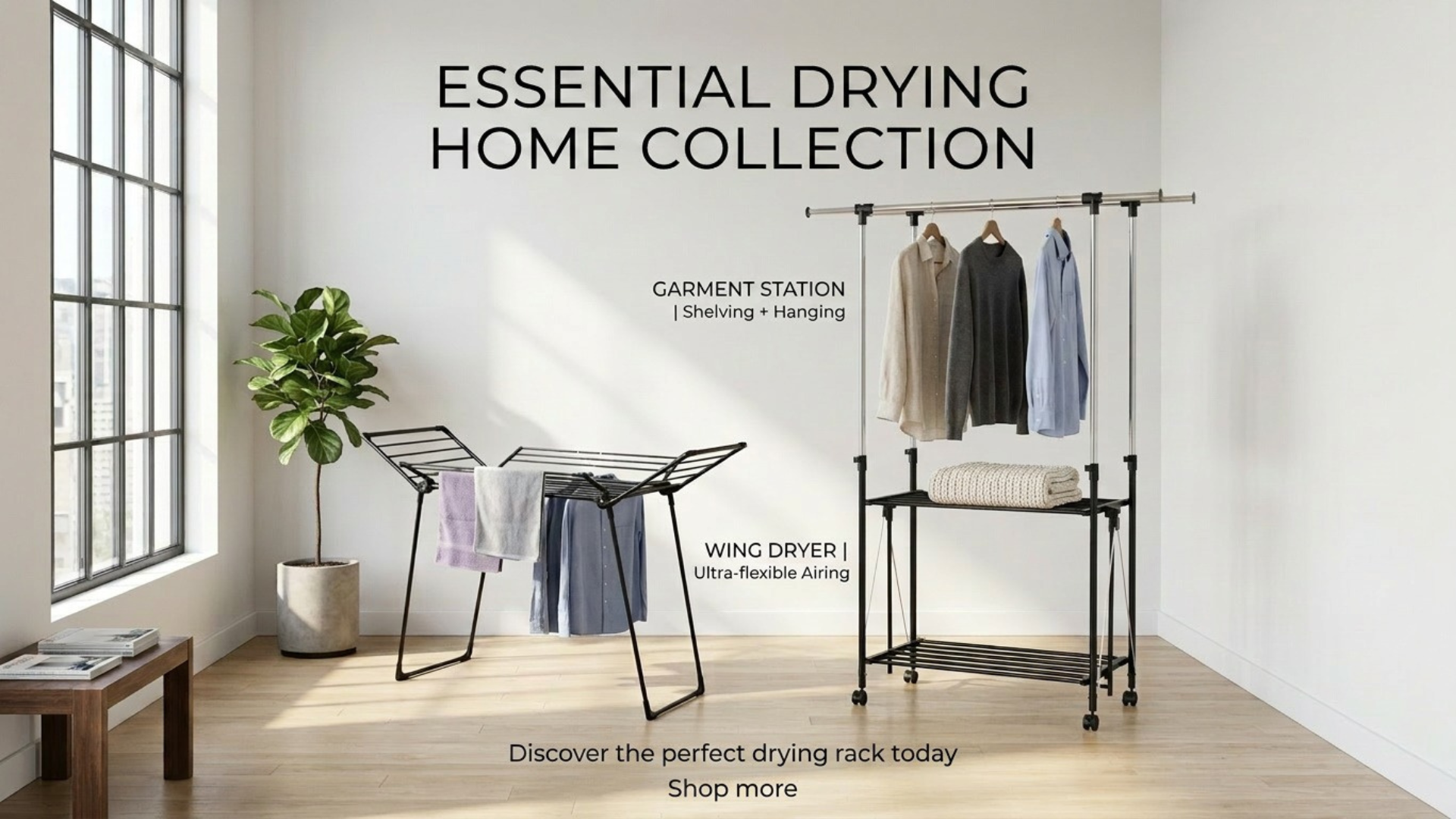 Home drying station with clothes and text on a white wall