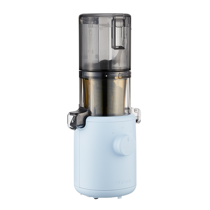 A sky blue Hurom H-310A Slow Juicer on a white background.