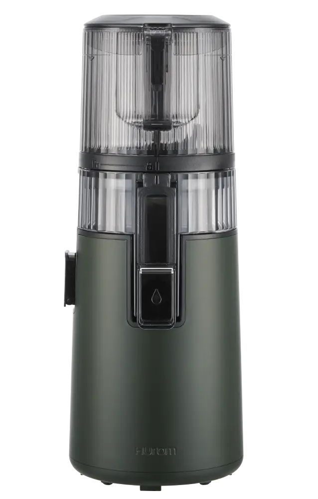 Green and black Hurom H410 juicer with visible Hurom brand name on a white background