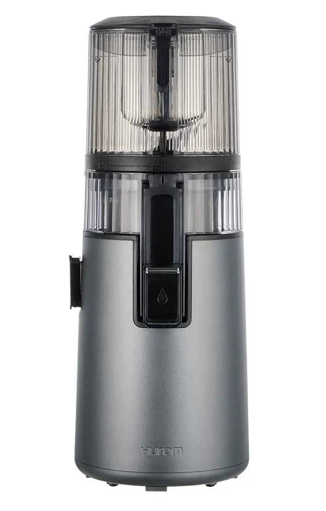 Grey and black Hurom H410 juicer with visible Hurom brand name on a white background