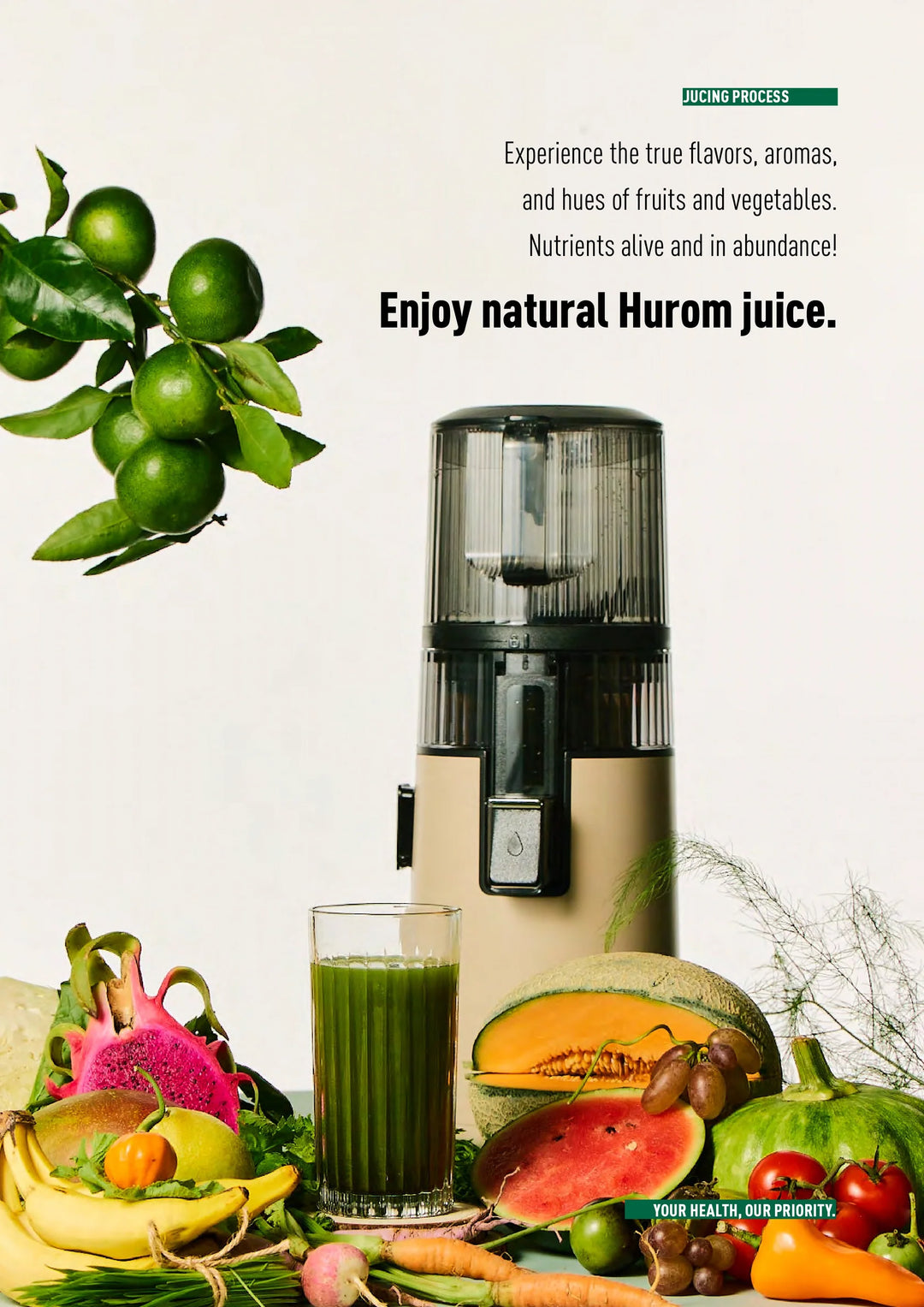 Black and beige Hurom H410 slow juicer with a glass of green juice surrounded by fruits and vegetables on a white background.