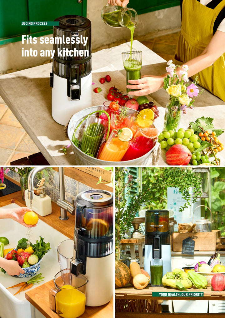 Collage of a person making juice using a black and white Hurom H410 slow juicer, surrounded by fruits and vegetables.