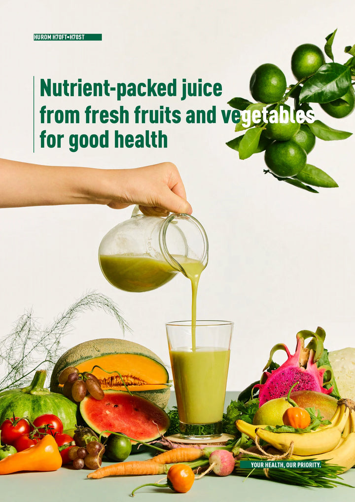Person pouring green juice from a pitcher into a glass, surrounded by fresh fruits and vegetables with text about nutrient-packed juice for good health.