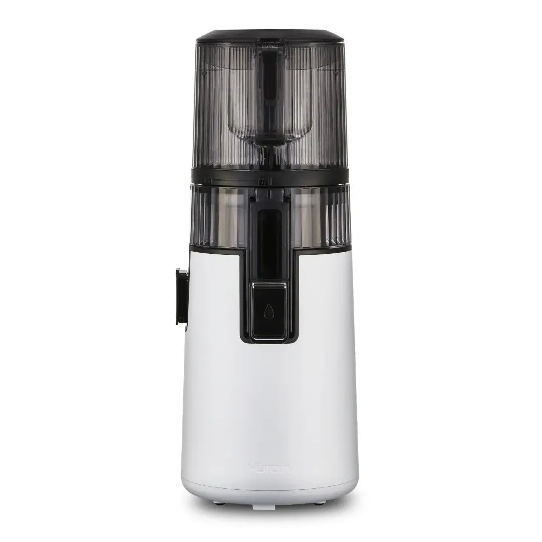 White and black Hurom H410 juicer with visible Hurom brand name on a white background
