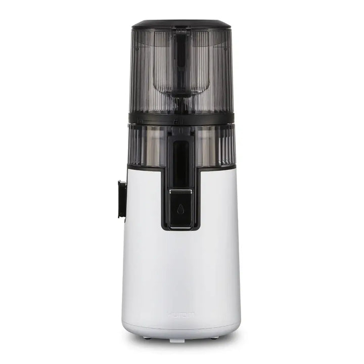 White and black Hurom H410 juicer with visible Hurom brand name on a white background