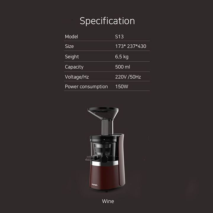 An infographic about the Hurom S13 detailing the different machine specifications