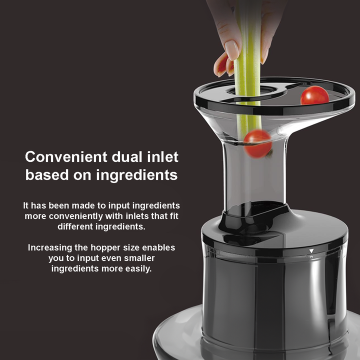 An infographic about the Hurom S13 hopper being able to push smaller ingredients in easily