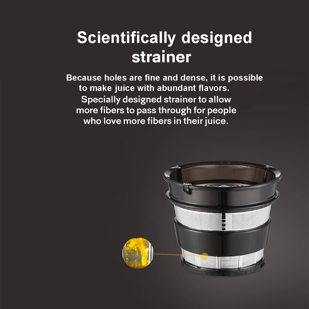 An infographic about the Hurom S13 strainer with a close up picture of the mesh holding the juice pulp in