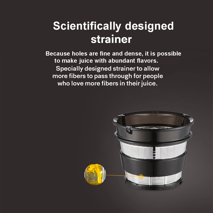An infographic about the Hurom S13 strainer with a close up picture of the mesh holding the juice pulp in