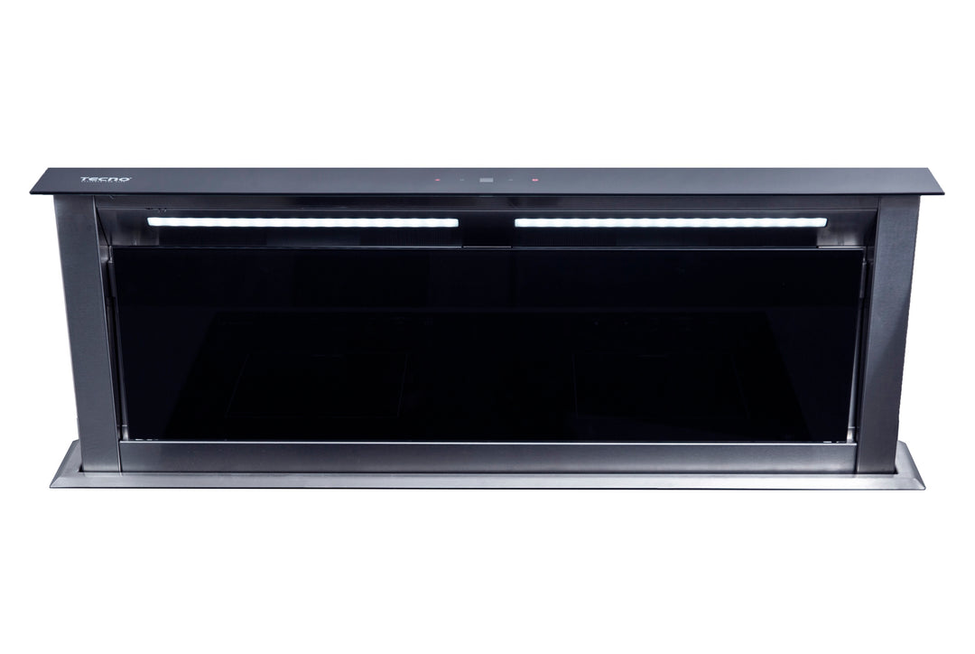 Down Draft Hood — Black Tempered Glass w/ S.S Trim — 90cm, 4 Speeds Electronic Sensor, 1100m3/hr, Elevator Hood Body