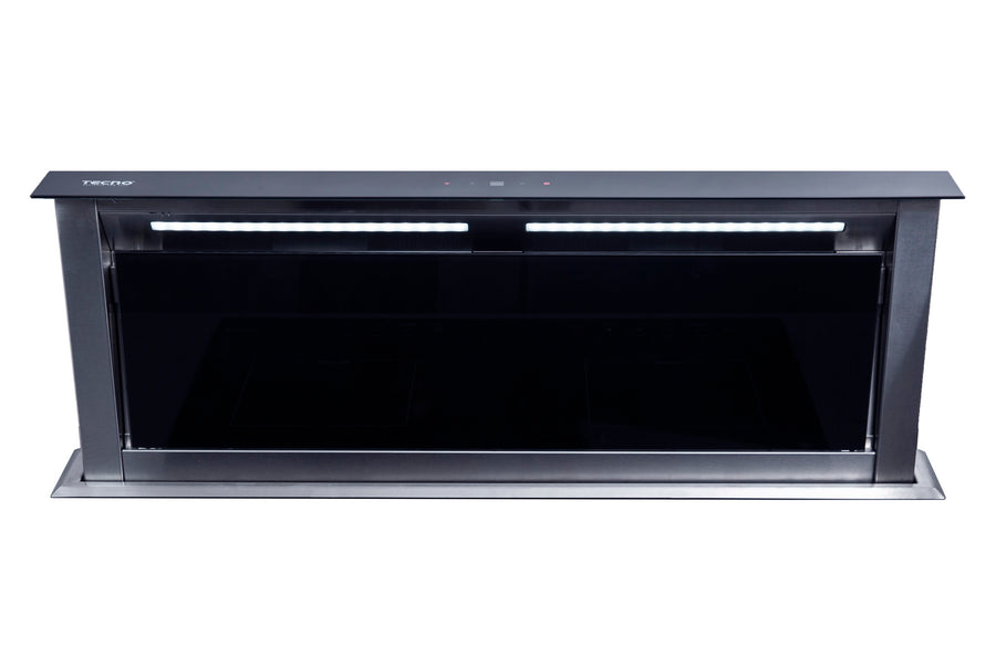 Down Draft Hood — Black Tempered Glass w/ S.S Trim — 90cm, 4 Speeds Electronic Sensor, 1100m3/hr, Elevator Hood Body