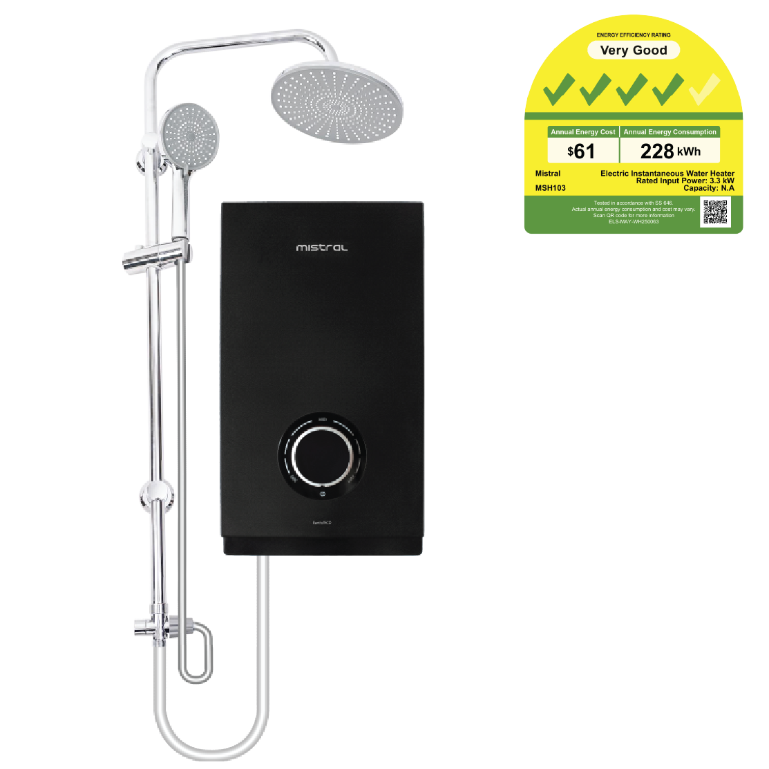 Mistral Shower Heater DC Pump MSH103-WH White, Chrome Rain Shower