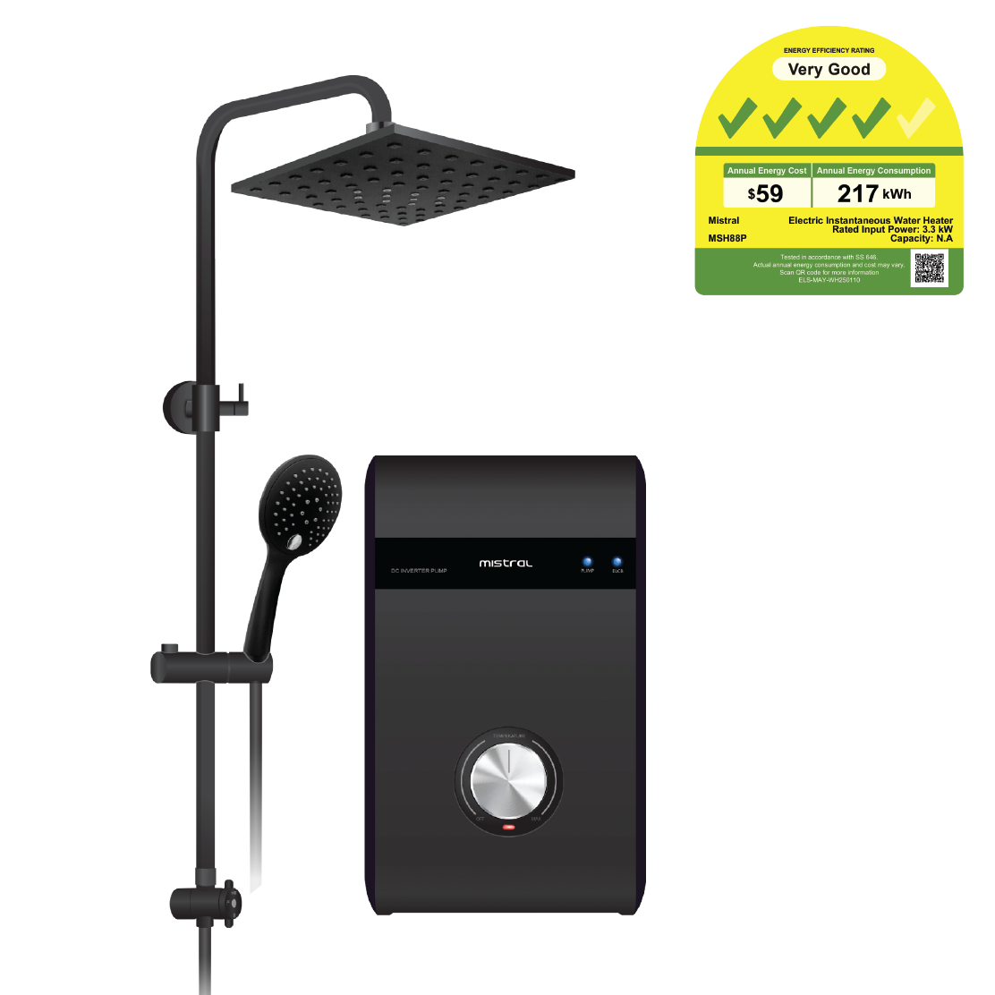 Mistral Shower Heater DC Pump MSH88MBK Black, With Black Rain Shower