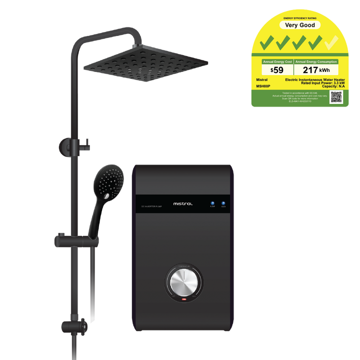 Mistral Shower Heater DC Pump MSH88MBK Black, With Black Rain Shower