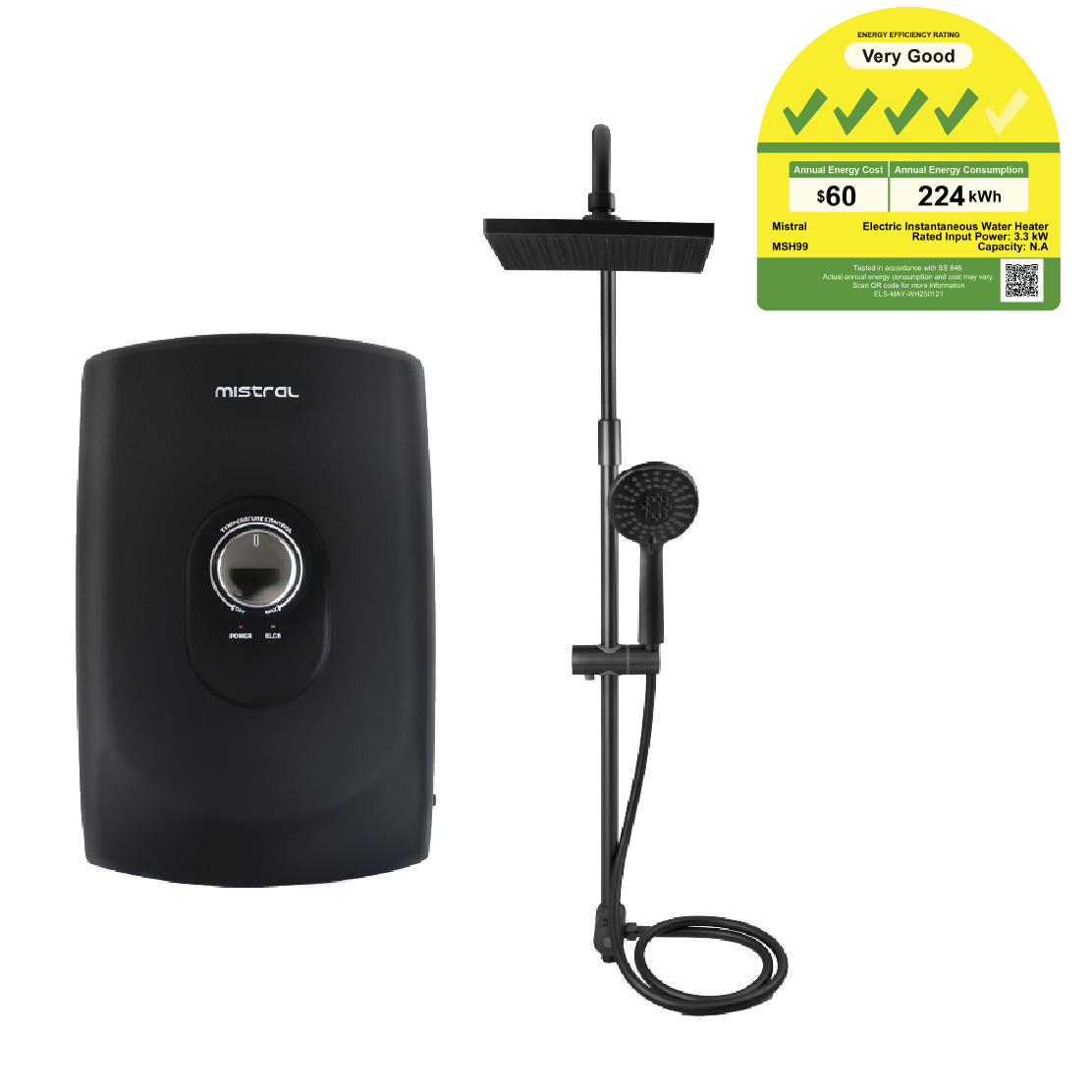 Mistral Instant Shower Heater with Rain Shower MSH99 - Gun Metal