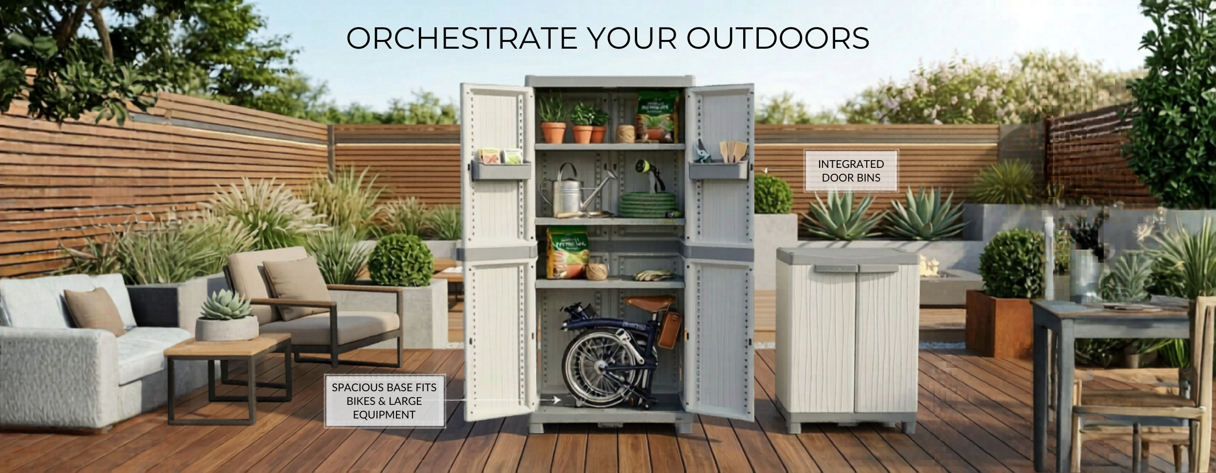 Outdoor storage unit with shelves and a door bike, surrounded by patio furniture and plants.