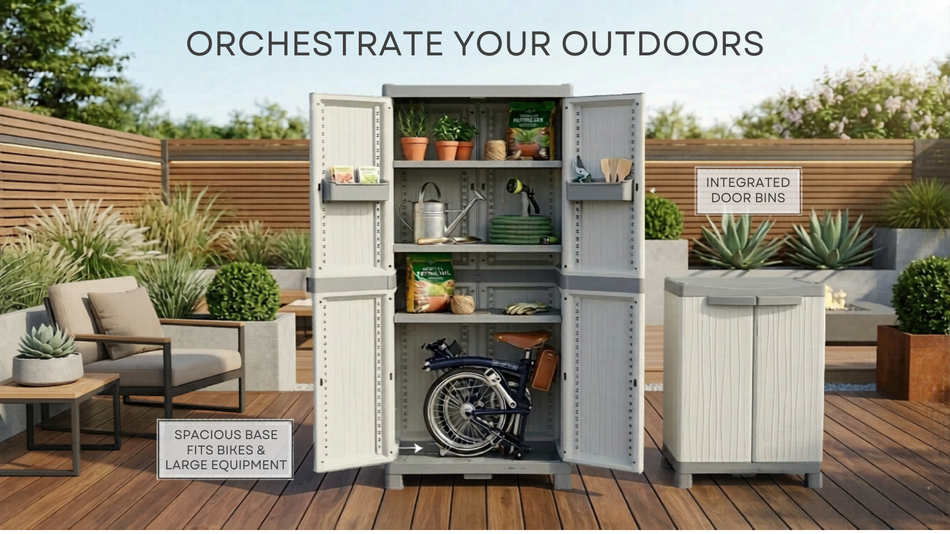 Outdoor storage unit with open doors showing various items in a backyard setting.