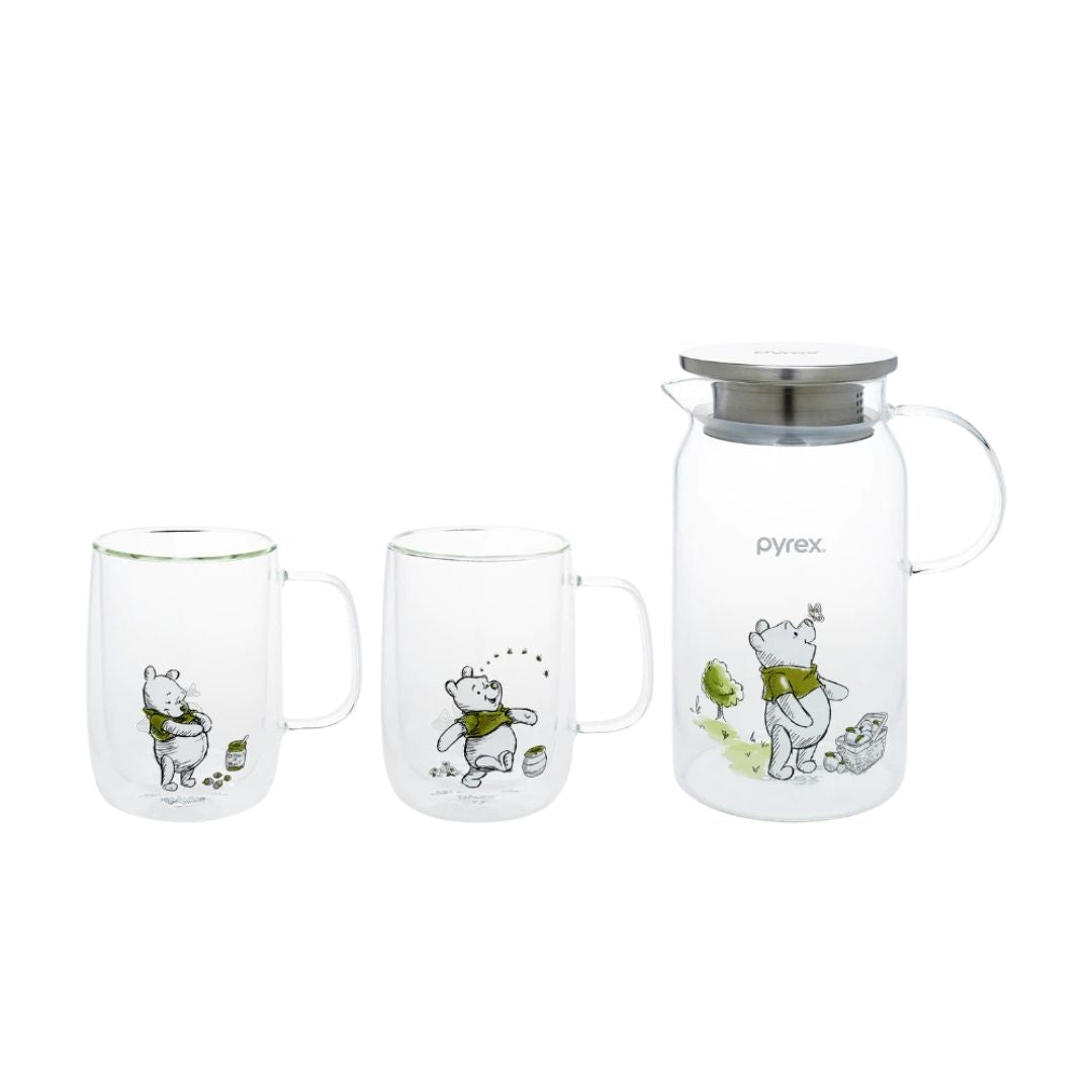 Pyrex x Disney Set Of 3 Carafe & Double Wall Mug with Handle Set - Pooh Forest Holiday