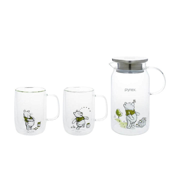 Pyrex x Disney Set Of 3 Carafe & Double Wall Mug with Handle Set - Pooh Forest Holiday