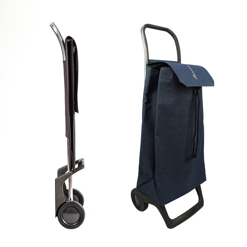 Two blue Rolser Baby Joy Market & Shopping Trolley with an aluminum frame and a water-resistant polyester bag, with one sideways standing folded with the thin bag and one side view of it.