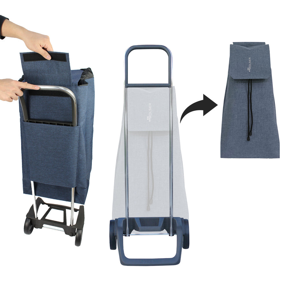 Two blue Rolser Baby Joy Market & Shopping Trolley with an aluminum frame and a water-resistant polyester bag, with the bag being shown as removable.