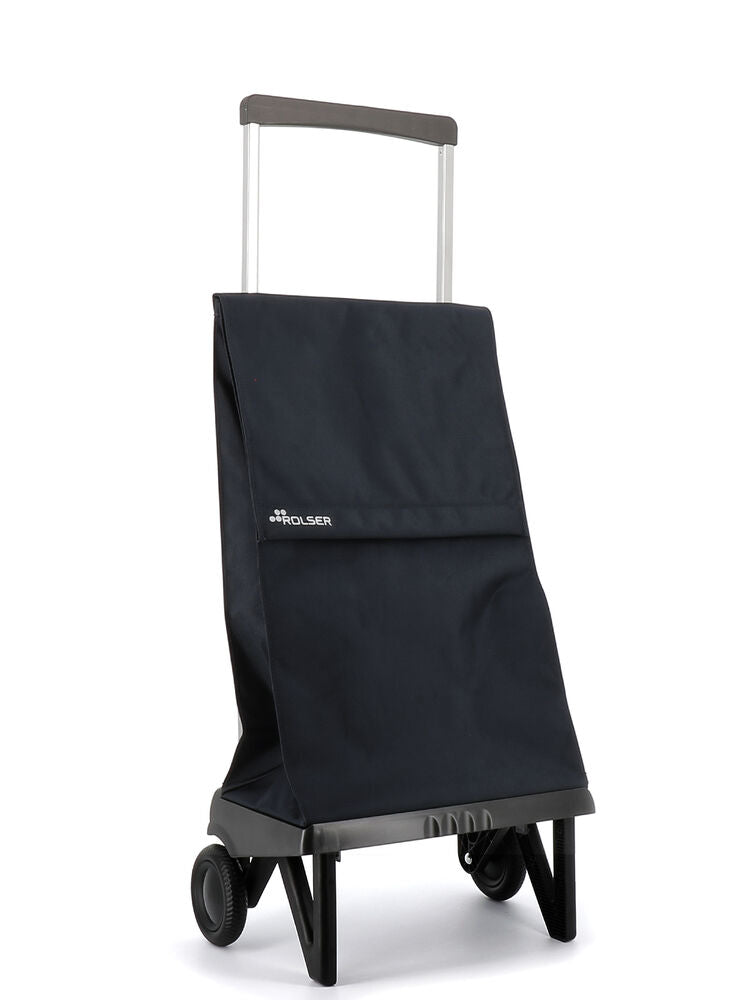 A black foldable Rolser Plegamatic shopping trolley with an aluminum frame and water resistant polyester bag, featuring two wheels and a pull handle.