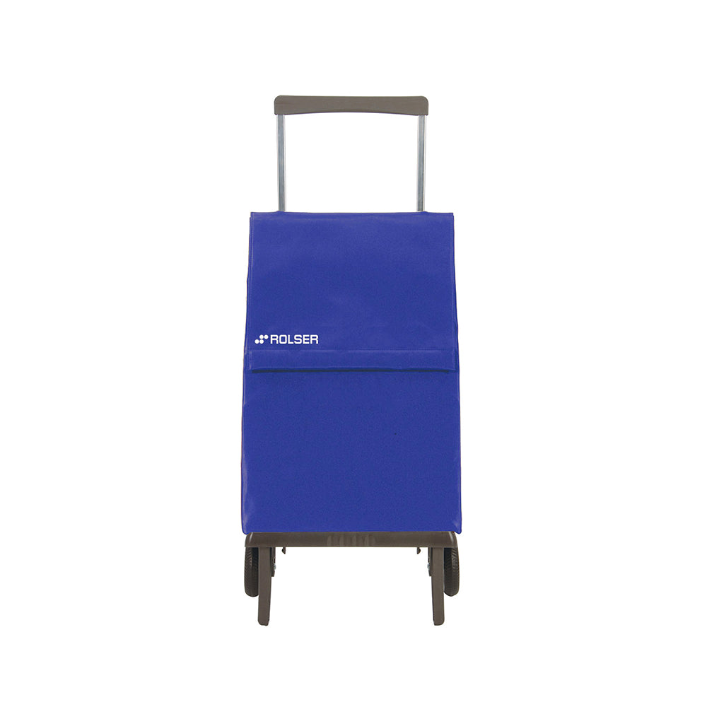 A blue foldable Rolser Plegamatic shopping trolley with an aluminum frame and water resistant polyester bag, featuring two wheels and a pull handle.
