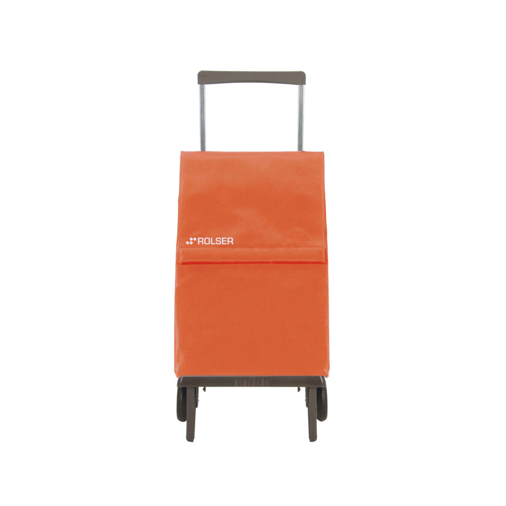 An orange foldable Rolser Plegamatic shopping trolley with an aluminum frame and water resistant polyester bag, featuring two wheels and a pull handle.