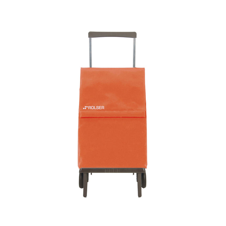 An orange foldable Rolser Plegamatic shopping trolley with an aluminum frame and water resistant polyester bag, featuring two wheels and a pull handle.