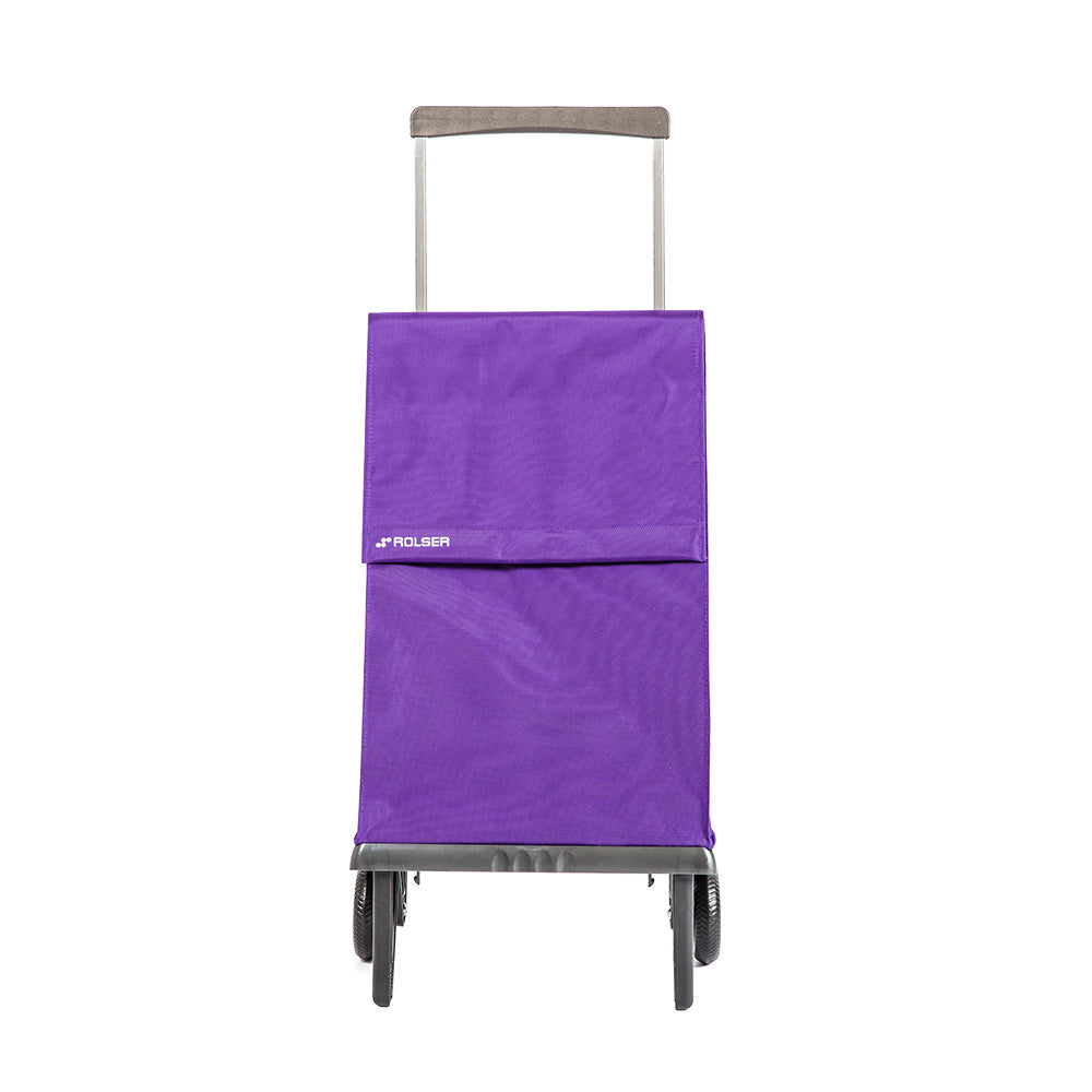 A purple foldable Rolser Plegamatic shopping trolley with an aluminum frame and water resistant polyester bag, featuring two wheels and a pull handle.