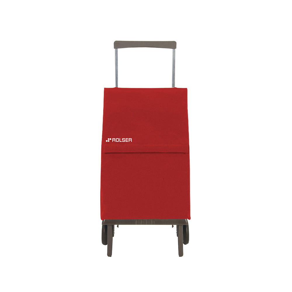 A red foldable Rolser Plegamatic shopping trolley with an aluminum frame and water resistant polyester bag, featuring two wheels and a pull handle.