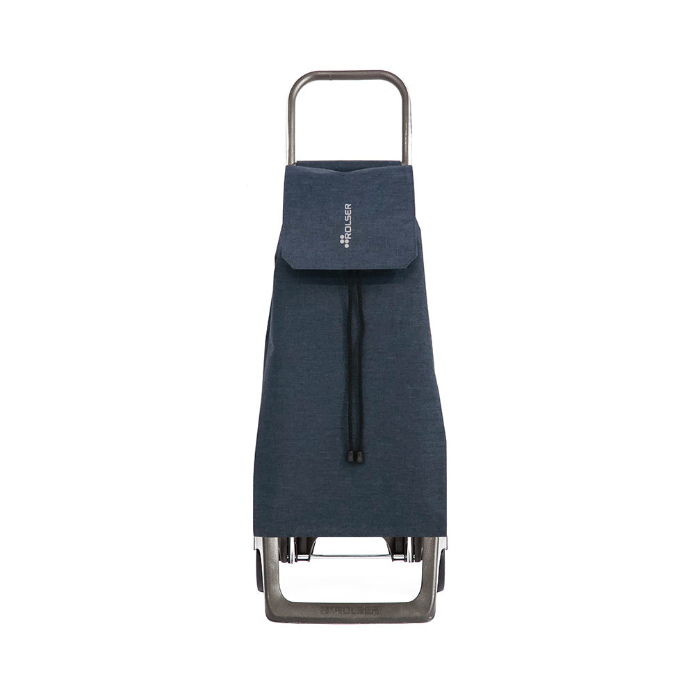 A navy blue Rolser Tweed shopping trolley with an aluminum frame and water resistant polyester bag, featuring two wheels, a foldable bottom base and front support, with drawstring closure and front flap.