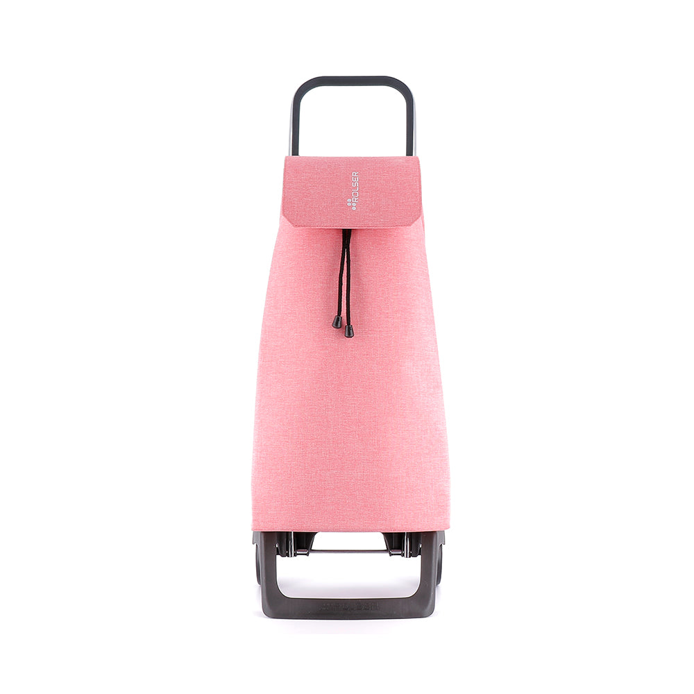 A coral Rolser Tweed shopping trolley with an aluminum frame and water resistant polyester bag, featuring two wheels, a foldable bottom base and front support, with drawstring closure and front flap.