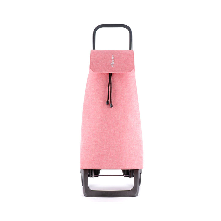 A coral Rolser Tweed shopping trolley with an aluminum frame and water resistant polyester bag, featuring two wheels, a foldable bottom base and front support, with drawstring closure and front flap.
