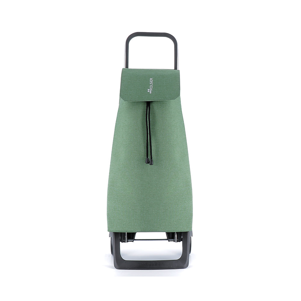A green Rolser Tweed shopping trolley with an aluminum frame and water resistant polyester bag, featuring two wheels, a foldable bottom base and front support, with drawstring closure and front flap.