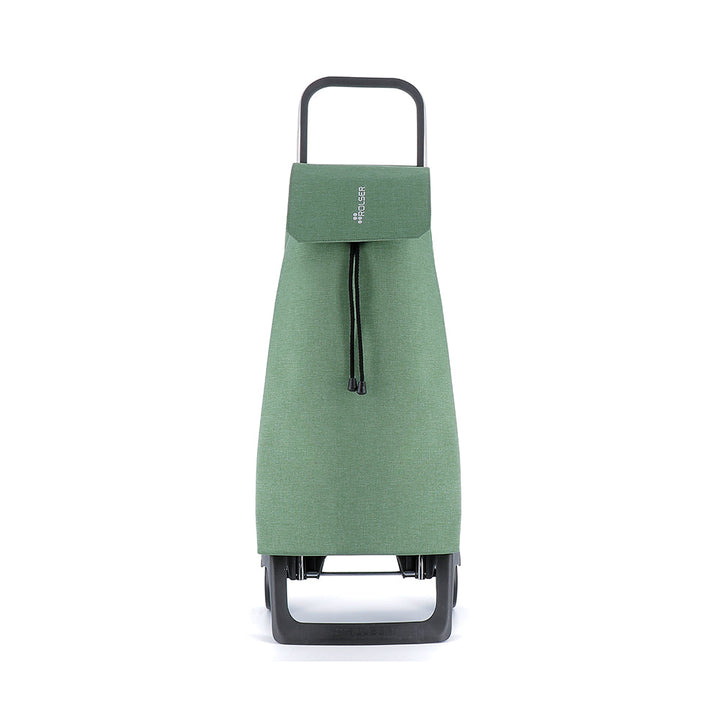 A green Rolser Tweed shopping trolley with an aluminum frame and water resistant polyester bag, featuring two wheels, a foldable bottom base and front support, with drawstring closure and front flap.